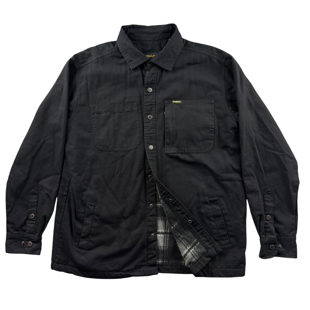 Stanley Black Shirt Jacket Men Large Plaid Fleece Lined Workwear Shacket Pockets